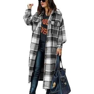 Grace + Karma Long grey, black and white flannel shacket